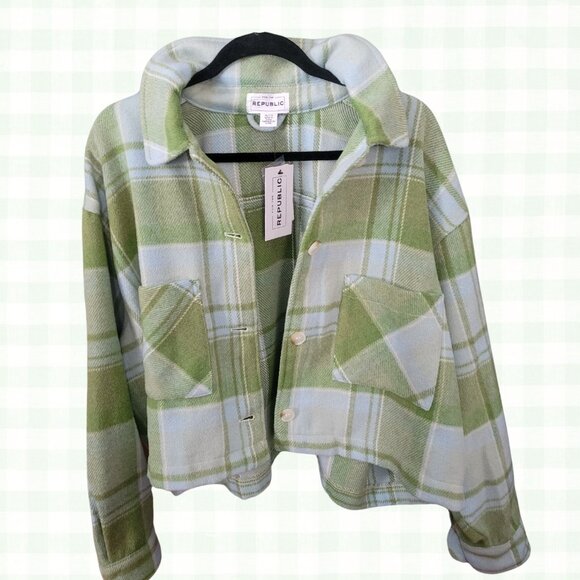 FOR THE REPUBLIC Classic Short Jacket in Blue Green Plaid Women's Size XL/TG - Picture 3 of 16